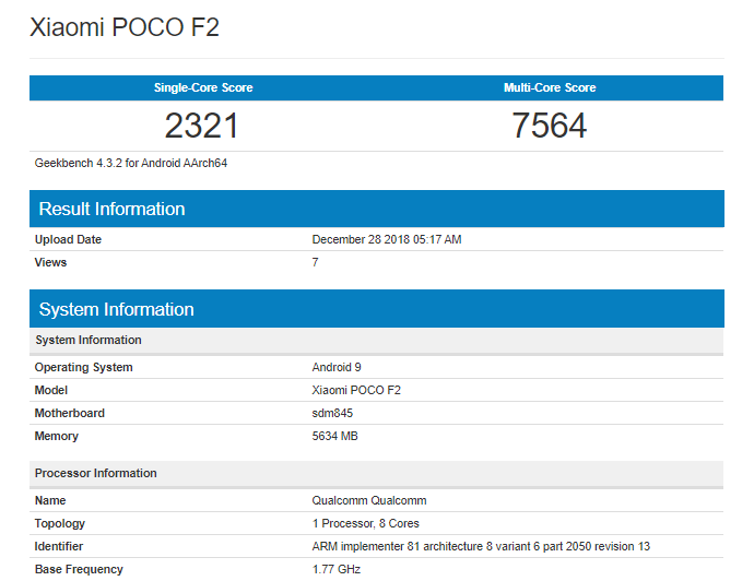 Xiaomi Pocophone F2 прошел тестирование в GeekBench