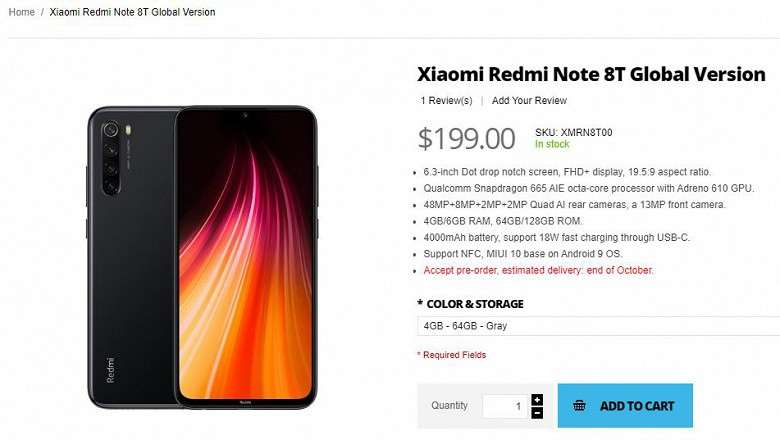 Стала известна цена Redmi Note 8T с NFC модулем