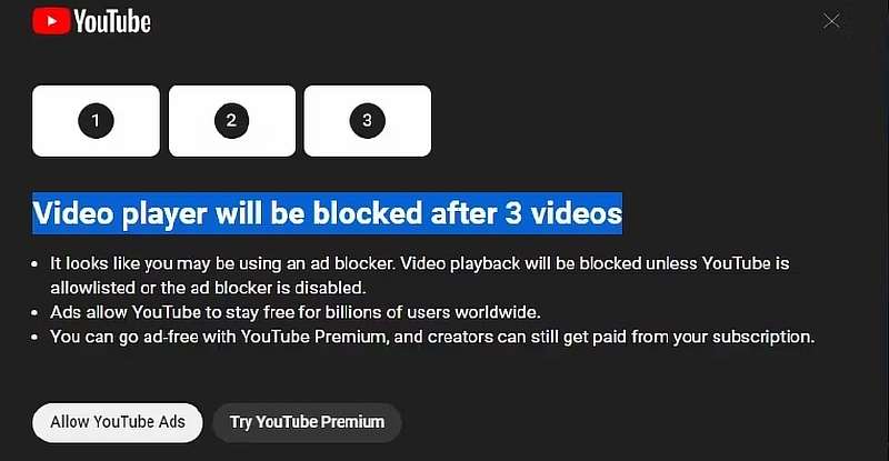 YouTube ограничил пользователей с блокировщиками рекламы. Максимум – три видео